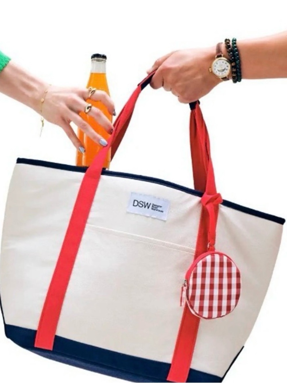 DSW Cream Canvas Tote with Red Straps and Navy Trim